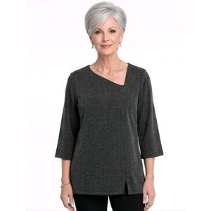 Chico's Asymmetrical Charcoal Herringbone 3/4 Sleeve Tunic Top Size M